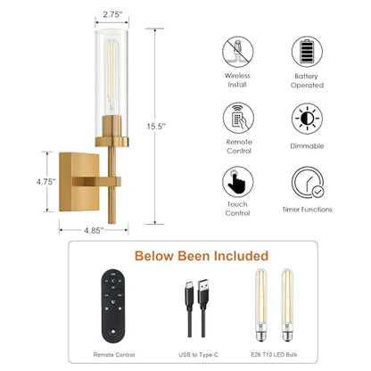 Gold Battery Operated Wall Sconce Set of 2, Wireless Wall Sconces with Remote Control, Rechargeable LED Dimmable Wall Light for Bedroom Bathroom Hallway Living room Entryway Stairwell, 3000K - color: Gold & Clear Glass, size: Battery 16 Inch