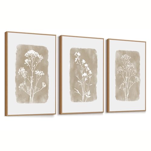 Neutral Floral Framed Canvas Wall Art Set of 3, 16"x24" Large Boho Botanical Wall Decor, Minimalist Plant Wall Painting, Rustic Wildflower Artwork for Living Room Bedroom Farmhouse Office - color: 16"x24" Botanical Wall Art