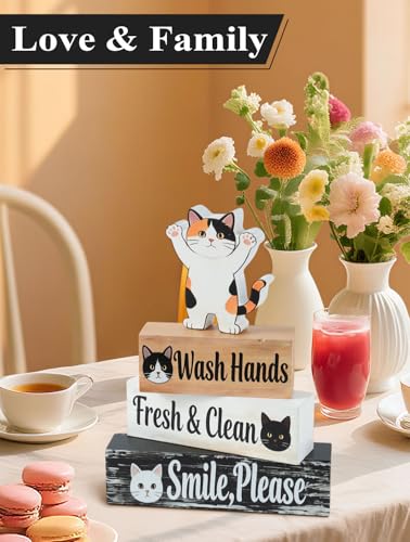 4 Pcs Cat Bathroom Decor Sign, Wooden Tabletop Decor for Bathroom - size: Cat wash hands