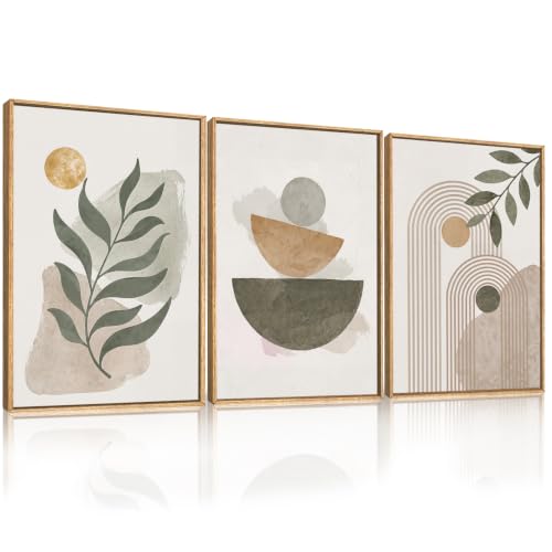 HLNIUC Boho Abstract Framed Canvas Wall Art,Large Modern Geometric Line Wall Decor,Mid Century Botanical Sun Artwork Set of 3(16x24),Neutral Minimalist Leaves Prints for Living Room,Bedroom,Office - color: Mid Century Geometric, size: 16"L x 24"W
