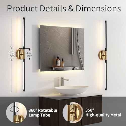 31.5 Inch Battery Operated Wall Sconces of Two, Modern Wireless Rechargeable Wall Lights with Remote Control, 3000K-6000K Dimmable, 350° Rotatable for Living Room, Bedroom, Hallway Decor