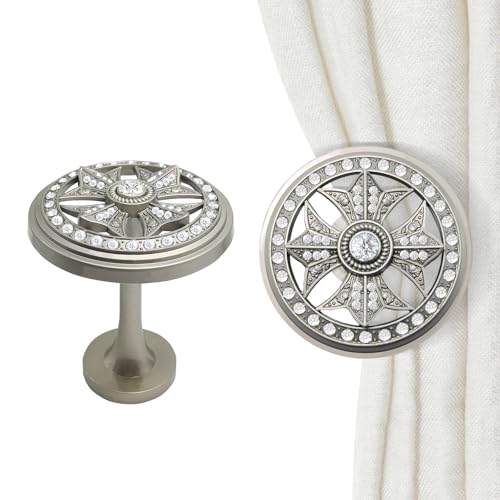 2Pcs Curtain Holdbacks, MfhdgXAvs Vintage Wall Mounted Tiebacks with Rhinestones - Zinc Alloy Drapery Hooks for Curtain Types,Living Room, Bedroom, Kitchen, Dining Room Boho Decor (Mist Silver) - color: Mist Silver