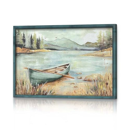 HILL WEST Rustic Nature Lake Boat Wooden Framed Wall Art, 45x30inch - color: Boat, size: 45"L x 30"W