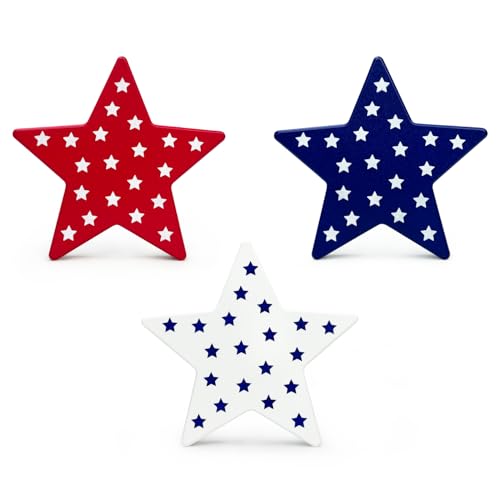 4th of July Table Decorations 3 PCS, Fourth of July Red White Blue Wooden Star Decor Centerpiece for Indoor Home, 250th Anniversary Memorial Day Patriotic Gift Sign for Mantel Office Tiered Tray Party - style: Wooden Stars