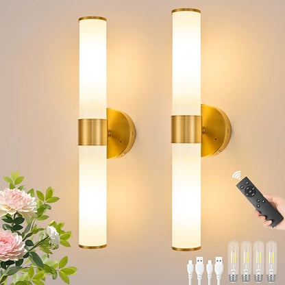 Gold Battery Operated Wall Sconces Set of 2 with White Glass Lamp Shade - color: Gold（White Glass）