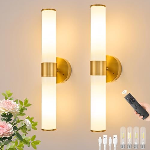 Gold Battery Operated Wall Sconces Set of 2 with White Glass Lamp Shade - color: Gold（White Glass）