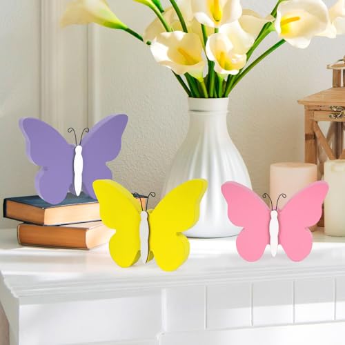 3Pcs Spring Butterfly Decorations for Home, Rustic Wooden Butterfly Decorative Accessories Spring Table Centerpiece Tiered Tray Decor