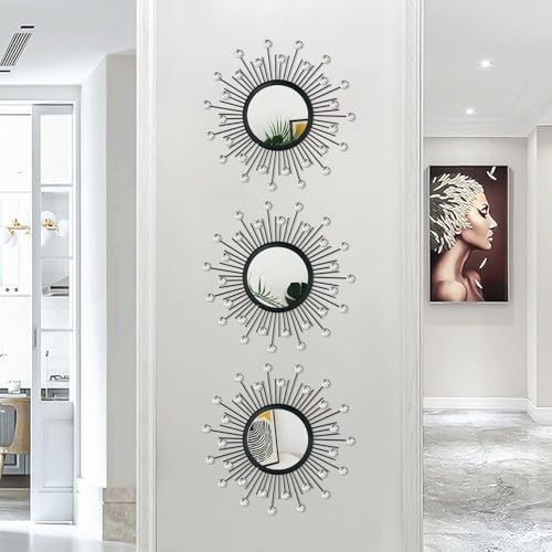 3 Pack Metal Mirror for Wall Sunburst Wall Mirror Black Crystal Home Accent - color: Black Crystal
