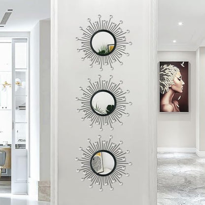 3 Pack Metal Mirror for Wall Sunburst Wall Mirror Black Crystal Home Accent - color: Black Crystal