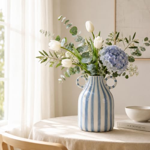 LCCCK Blue and White Striped Vase Ceramic Checkered Vase for Kitchen Decor - color: Blue and White