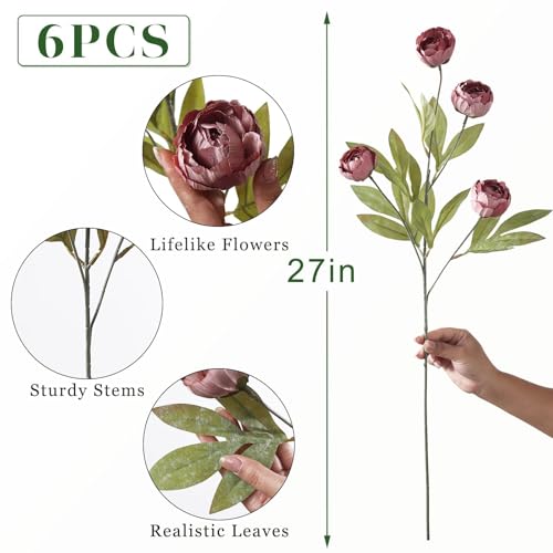 6 Pcs 27" Faux Silk Peony Artificial Flowers Stems for Vase (Warm Pink) - color: Warm Pink