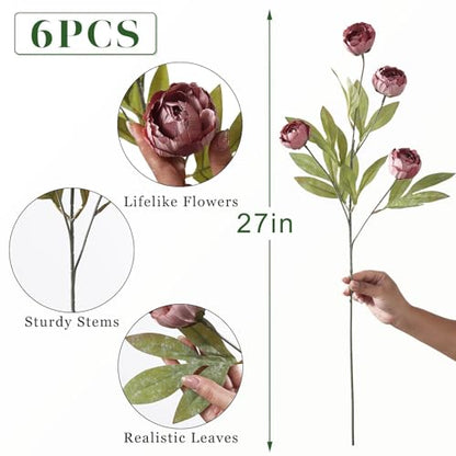 6 Pcs 27" Faux Silk Peony Artificial Flowers Stems for Vase (Warm Pink) - color: Warm Pink