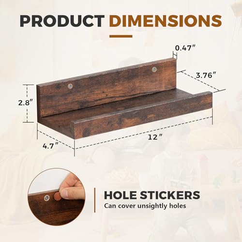 Muzilife 12" Small Floating Shelves Wood Wall Shelf with Lip, 2Pcs, Brown - color: Walnut Brown, size: 12"