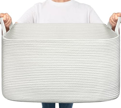 Goodpick Large Woven Rope Blanket Basket, Rectangle, White, 75L - color: White, size: Large(21.6"L x 14.9"W x 11.8"H)