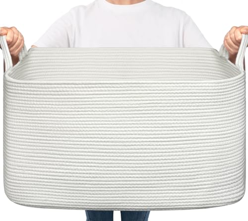 Goodpick Large Woven Rope Blanket Basket, Rectangle, White, 75L - color: White, size: Large(21.6"L x 14.9"W x 11.8"H)