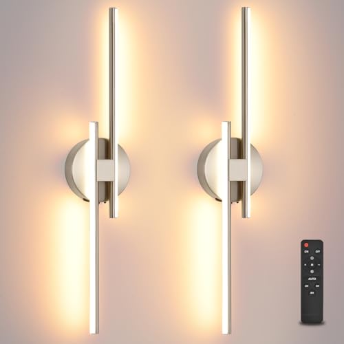 Battery Operated Wall Sconce Set of 2, Brushed Nickel 23.6" 3000K-6500K Dimmable Wall Sconces with Remote Control, Wireless Wall Light Rechargeable for Bedroom Hallway Living Room Background - color: Brushed Nickel, size: 23.6" 2-Pack