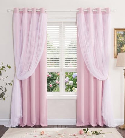 Light Pink Blackout Curtains with White Sheer Overlay for Girls Bedroom - color: Light Pink, size: 52"W x 84"L (Pack of 2)