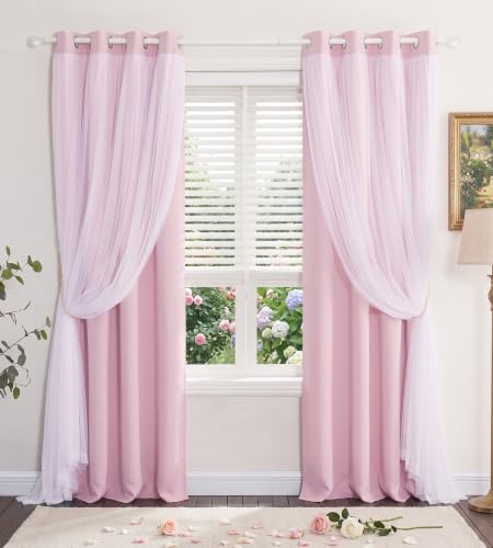 Light Pink Blackout Curtains with White Sheer Overlay for Girls Bedroom - color: Light Pink, size: 52"W x 95"L (Pack of 2)