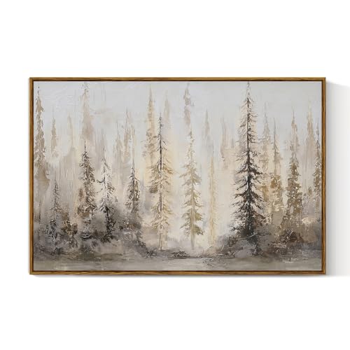 VIYYIEA Large Framed Canvas Wall Art, 24x36 Inch Abstract Forest Landscape Art Print, Neutral Wall Decor for Living Room Bedroom Home Office - color: Misty Pine Forest, size: 36"L x 24"W
