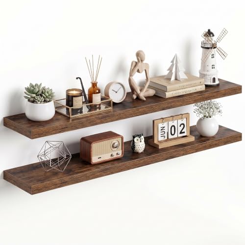 Dreamland 48Inch Floating Shelves for Wall 9.3" Deep Rustic Brown Set of 2 - color: Rustic Brown, size: 9.3"D x 48"L