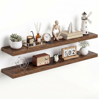 Dreamland 48Inch Floating Shelves for Wall 9.3" Deep Rustic Brown Set of 2 - color: Rustic Brown, size: 9.3"D x 48"L