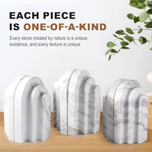 Natural Marble Book Ends - Heavy Duty Bookends for Shelves - Aesthetic Layered Arch Design Stone Book Holders, Modern Office Bookshelf Stopper Decor for Books/CDs (Volakas) - style: Arched-Volakas