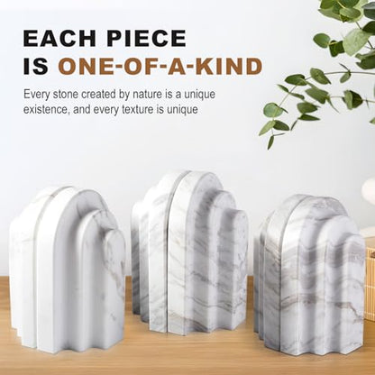 Natural Marble Book Ends - Heavy Duty Bookends for Shelves - Aesthetic Layered Arch Design Stone Book Holders, Modern Office Bookshelf Stopper Decor for Books/CDs (Volakas) - style: Arched-Volakas