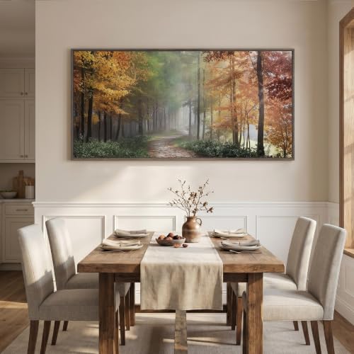 Framed Misty Forest Fall Landscape Wall Art for Living Room, 60x30 Inch - color: Green Orange