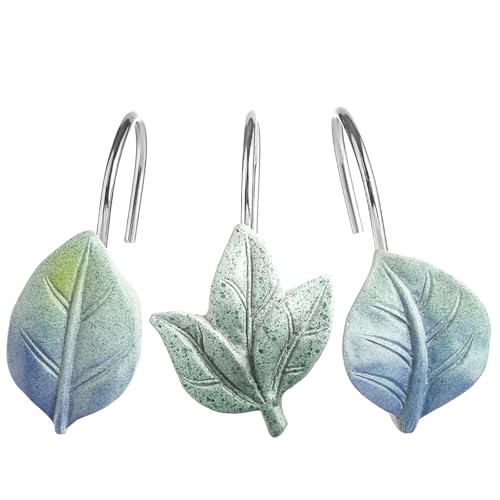 Blue Plant Leaf Shower Curtain Hooks,Eucalyptus Bathroom Decor,12PCS - color: Blue