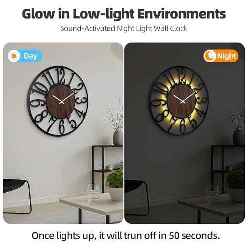 32" Silent Large Wall Clock – Glow Night Light, Battery Operated - color: Black Walnut - Arabic Numerals, size: 32 inch