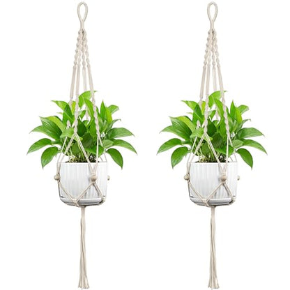 Macrame Plant Hanger - Fits 4-12 Inch Pots, Set of 2, Ivory - color: 44+44 Inch Ivory
