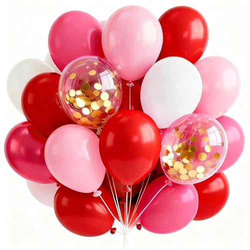 PartyWoo Pink and Red Balloons 66pcs 12 Inch Pink Red White Gold Balloons - color: Red-2863