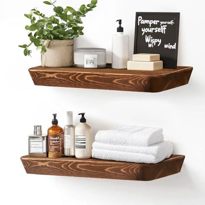 16x6.8x1.6in Slanted Solid Wood Floating Wall Shelves 2-Pack Brown - color: Brown, size: 16"-Set of 2