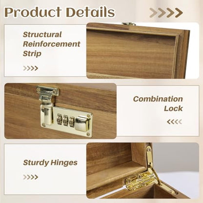X-Large Acacia Wooden Keepsake Box with Hinged Lid & Locking Key