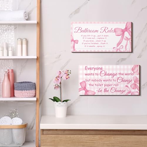 Jetec 2 Pcs Coquette Pink Bow Bathroom Wall Decor Wooden Sign 12 x 6 Inch - style: Pink Bow Style