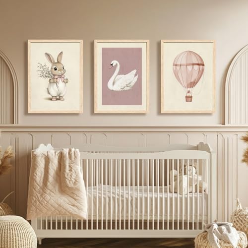 Hianan Wood Framed Pink Cute Bunny Nursery Wall Art Set of 3, 12x16 in - color: Bunny(Wood), size: 16"L x 12"W