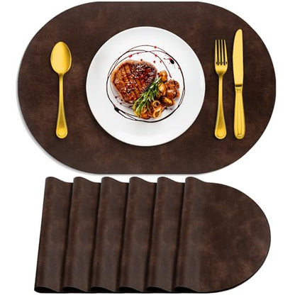 ADRIMER Oval Placemats Set of 6, Wipeable Faux Leather, Coffee - color: Coffee