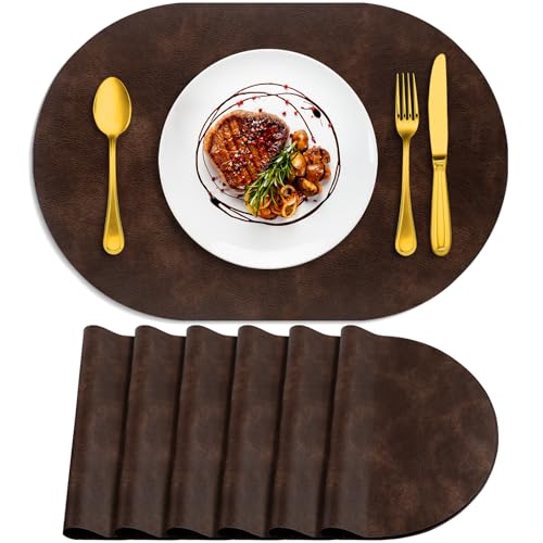 ADRIMER Oval Placemats Set of 6, Wipeable Faux Leather, Coffee - color: Coffee