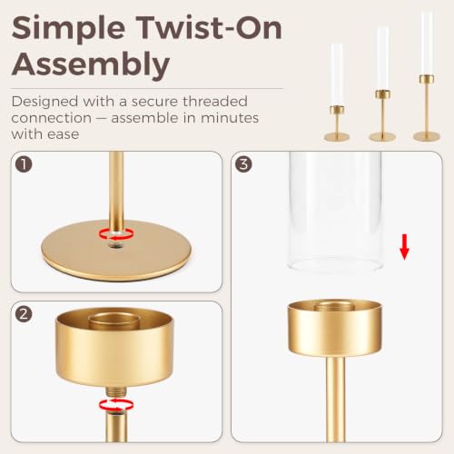 Hurricane Glass Candle Holders Set of 3 Gold Metal Taper Candlesticks