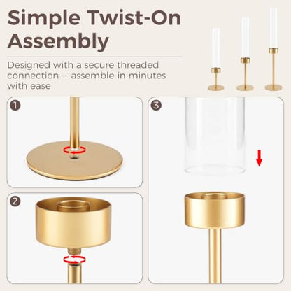 Hurricane Glass Candle Holders Set of 3 Gold Metal Taper Candlesticks