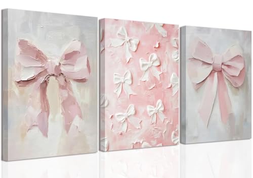 Pink Bow Canvas Wall Art Set of 3 Coquette Oil Painting Cute Bow Posters Wall Decor Trendy Preppy Print Picture for Back to School Bedroom Bathroom College Dorm 12x16 In Framed - color: Oil Bow, size: 16L"x12W"