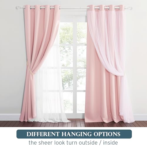 Blush Pink Blackout Curtains with White Sheer Overlay for Girls Bedroom - color: Blush Pink, size: 52"W x 84"L (Pack of 2)