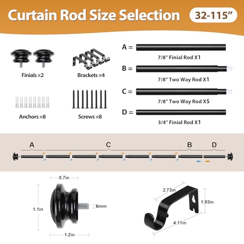 TONIAL Curtain Rods for Windows, 32 to 115 Inch, Black, Single Drapery Rod - color: Black, size: 32-115"