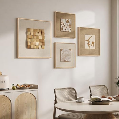 Large Framed 3D Textured Wood Wall Art 4 for Living Room, Neutral Set of 4 - color: Beige -A, size: 28x28" + (20x20") x2ps +24x24"