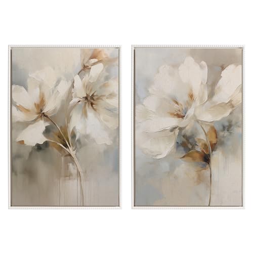 Kate and Laurel Sylvie Beaded Abstract Botanical Floral Linen Painting 1 and 2 Vintage Framed Canvas Wall Art Set by The Creative Bunch Studio, 2 Piece Set 23x33 White, Simple Floral Art for Wall - color: Beaded White, size: 2 Piece Set 23x33