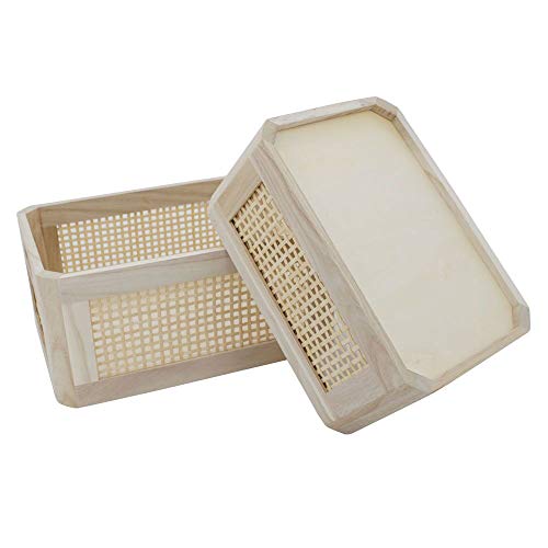 Rattan Woven Wooden Storage Basket Set of 2, Round‑corner Rectangular - size: Rectangle A - 2-Piece Set (Large & Small)