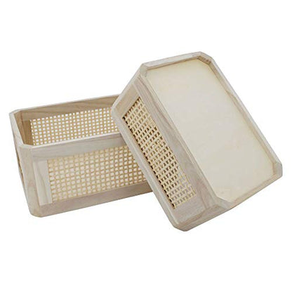 Rattan Woven Wooden Storage Basket Set of 2, Round‑corner Rectangular - size: Rectangle A - 2-Piece Set (Large & Small)