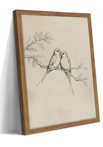 Neutral Bird Framed Wall Art Prints, Vintage Birds in Love on a Branch Sketch Drawing with Wood Frame, Rustic Farmhouse Bird Picture Wall Decor for Bedroom Living Room Bathroom Wall 8x10 inch - color: Bird Sketch, size: 10"L x 8"W