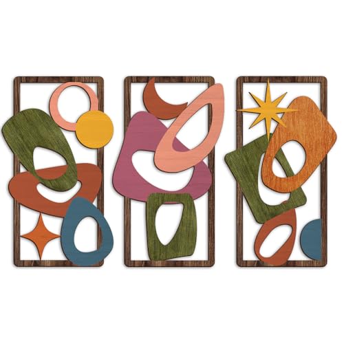 Pigort 3 Pcs Wooden Abstract Wall Art Mid Century Modern Wall Art Modern Elegance Wall Decor Geometric Home Decoration for Living Room Office 9.2x15.7inch