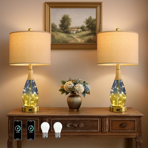 OYEARS 23" Table Lamps for Living Room Set of 2,Bedside Lamps for Night Stands, Rattan Lamps for Bedroom,Farmhouse Lamps with Glass Nightlight,Two Light Points - color: Yellow Blue